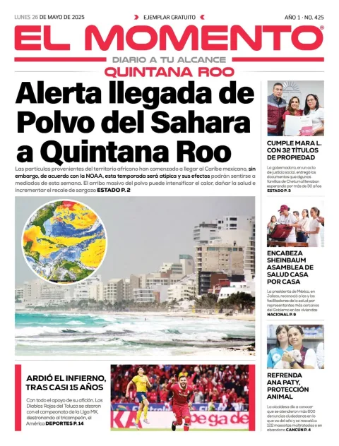 Portada de El Momento Quintana Roo del lunes, 26 de mayo de 2025