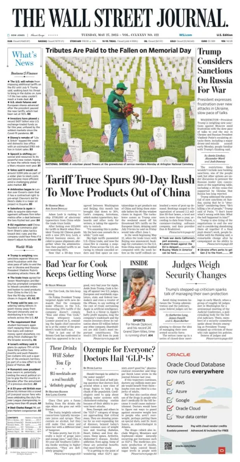 Portada de The Wall Street Journal del martes, 27 de mayo de 2025