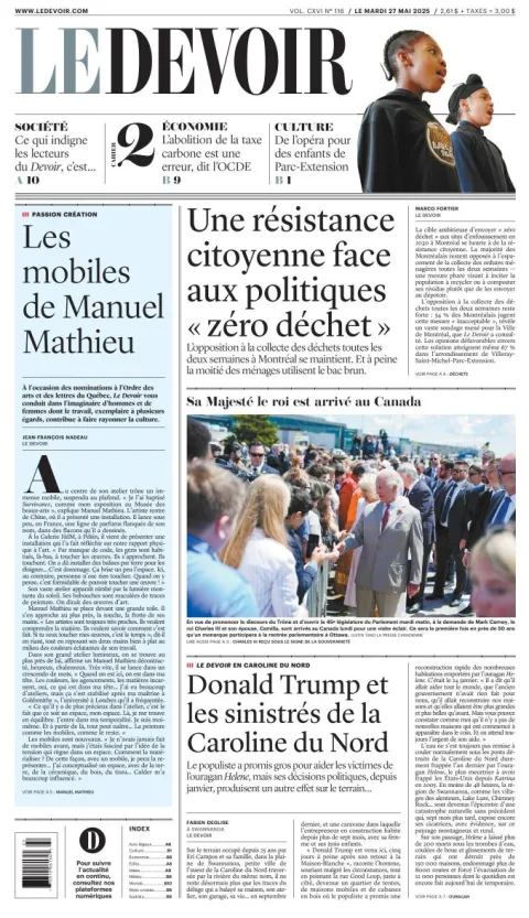 Portada de Le Devoir del martes, 27 de mayo de 2025