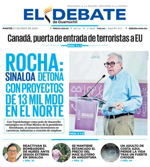 Portada de El Debate de Guamuchil del martes, 27 de mayo de 2025