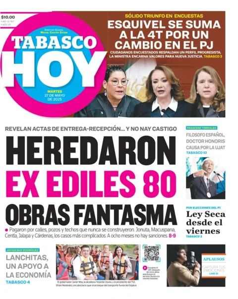 Portada de Tabasco Hoy del martes, 27 de mayo de 2025
