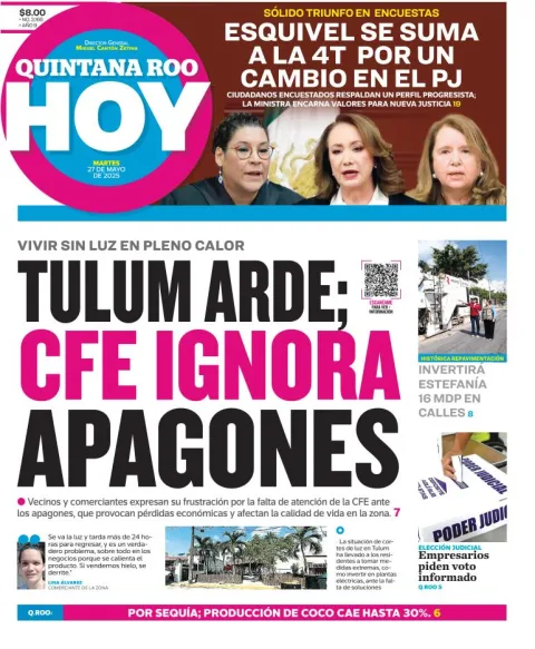 Portada de Quintana Roo Hoy del martes, 27 de mayo de 2025
