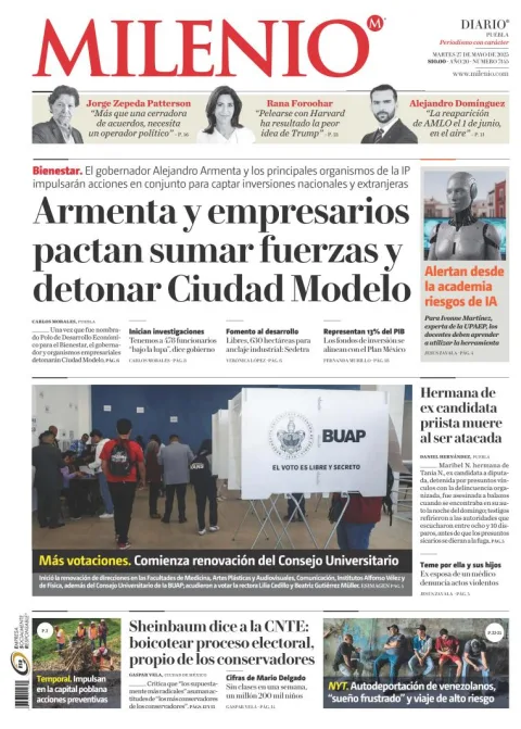 Portada de Milenio Puebla del martes, 27 de mayo de 2025
