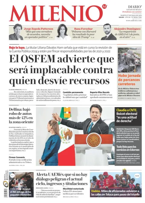 Portada de Milenio Edo de Mexico del martes, 27 de mayo de 2025