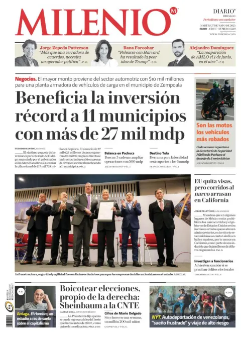 Portada de Milenio Hidalgo del martes, 27 de mayo de 2025