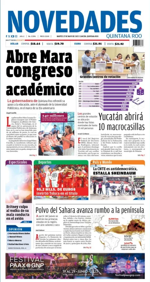 Portada de Novedades Quintana Roo del martes, 27 de mayo de 2025