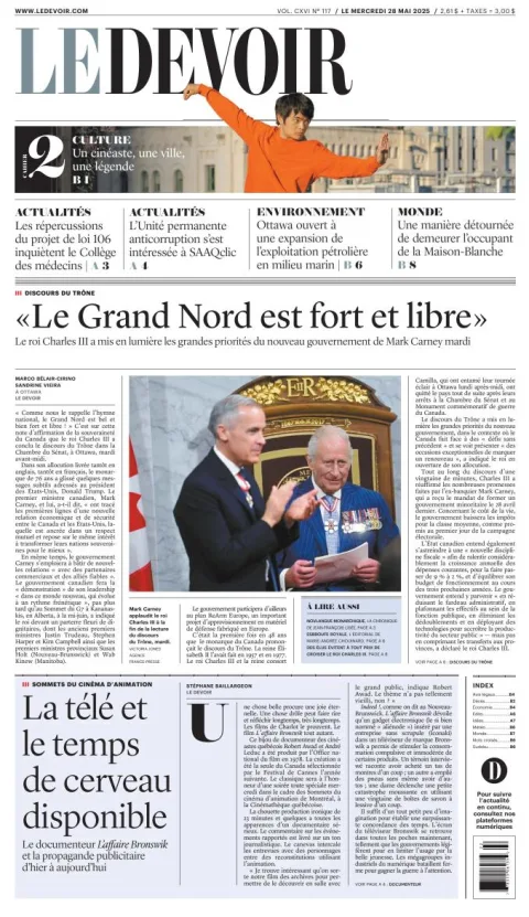 Portada de Le Devoir del miércoles, 28 de mayo de 2025