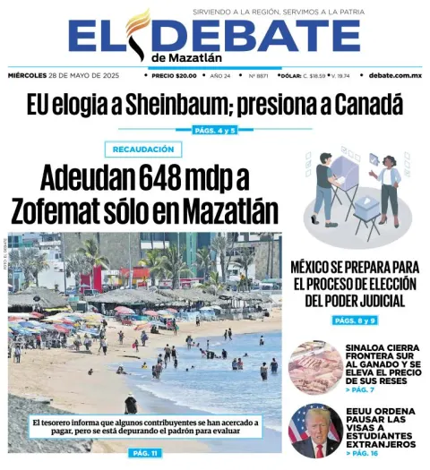 Portada de El Debate de Mazatlan del miércoles, 28 de mayo de 2025