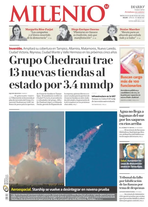 Portada de Milenio Tamaulipas del miércoles, 28 de mayo de 2025