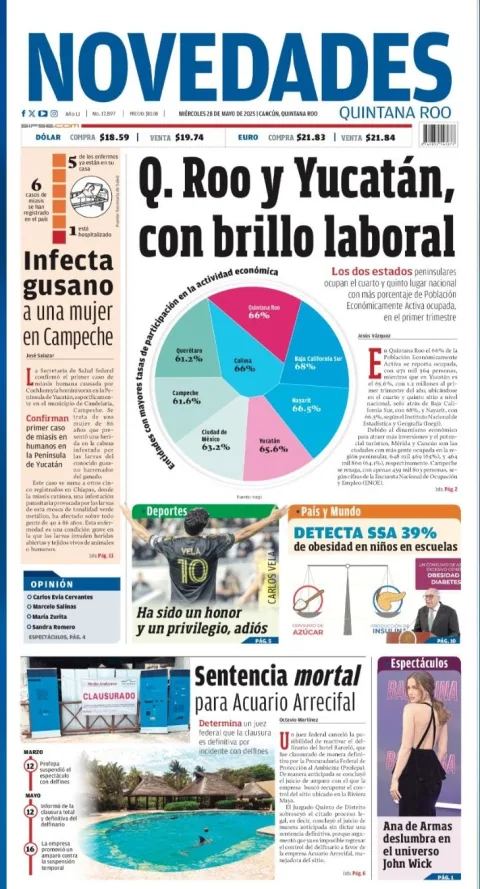 Portada de Novedades Quintana Roo del miércoles, 28 de mayo de 2025