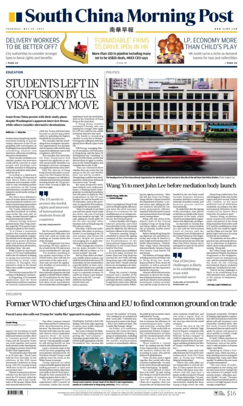 Portada de South China Morning Post del jueves, 29 de mayo de 2025
