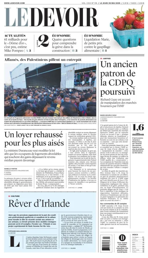 Portada de Le Devoir del jueves, 29 de mayo de 2025