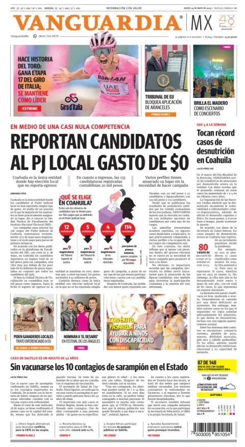 Portada de Vanguardia del jueves, 29 de mayo de 2025