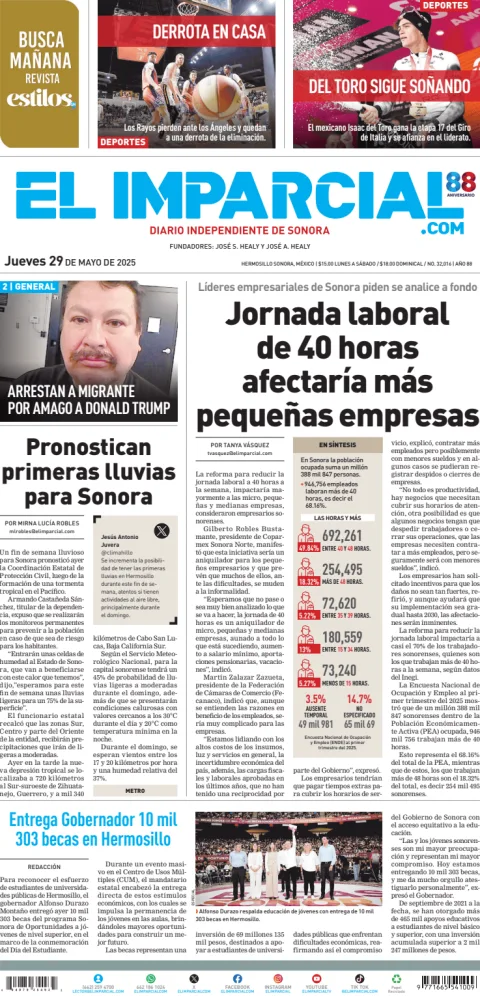 Portada de El Imparcial del jueves, 29 de mayo de 2025