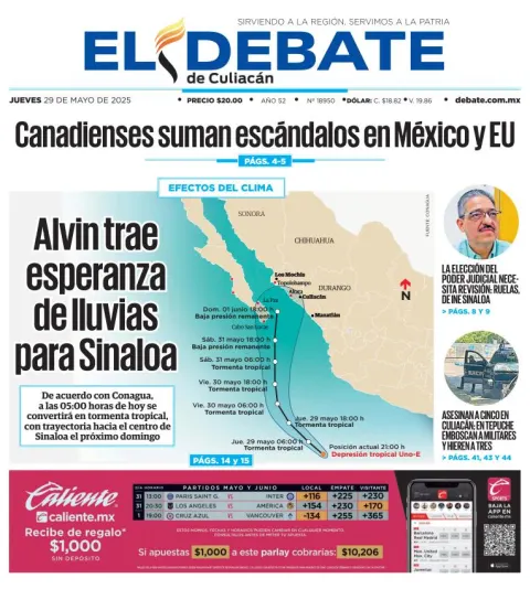 Portada de El Debate de Culiacan del jueves, 29 de mayo de 2025