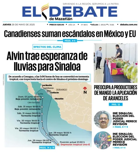 Portada de El Debate de Mazatlan del jueves, 29 de mayo de 2025