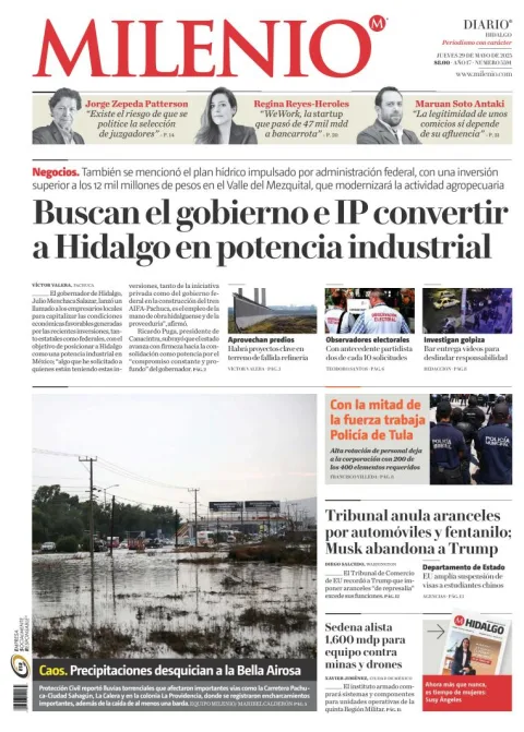 Portada de Milenio Hidalgo del jueves, 29 de mayo de 2025