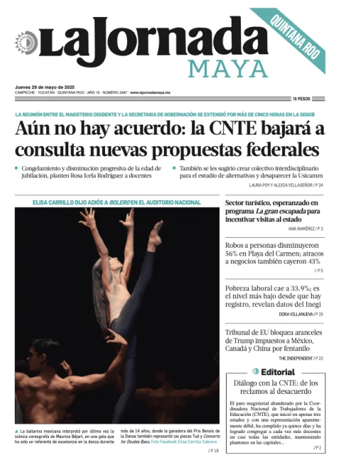 Portada de La Jornada Maya Quintana Roo del jueves, 29 de mayo de 2025