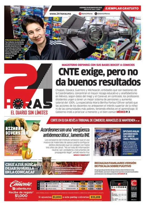 Portada de 24 Horas del viernes, 30 de mayo de 2025