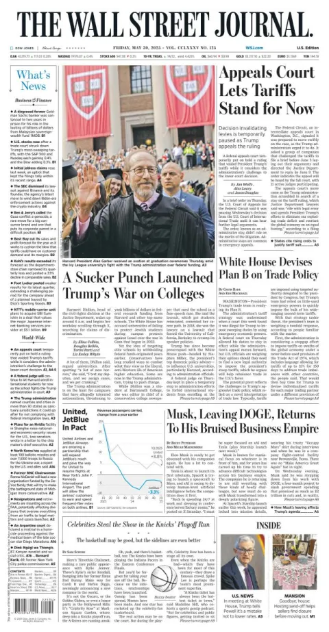 Portada de The Wall Street Journal del viernes, 30 de mayo de 2025