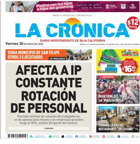 Portada de La Cronica del viernes, 30 de mayo de 2025