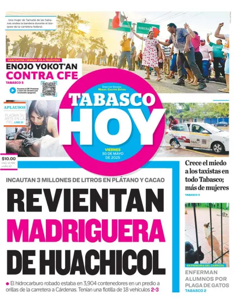 Portada de Tabasco Hoy del viernes, 30 de mayo de 2025