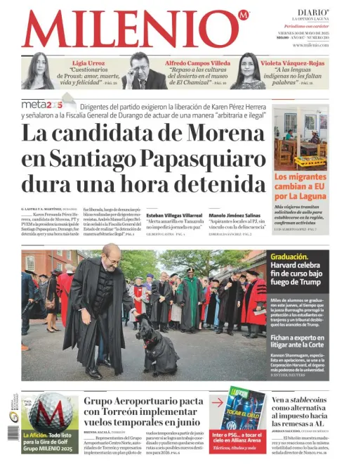 Portada de Milenio Laguna del viernes, 30 de mayo de 2025