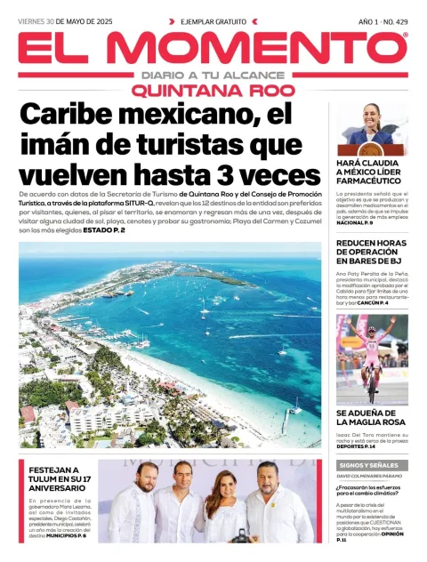 Portada de El Momento Quintana Roo del viernes, 30 de mayo de 2025