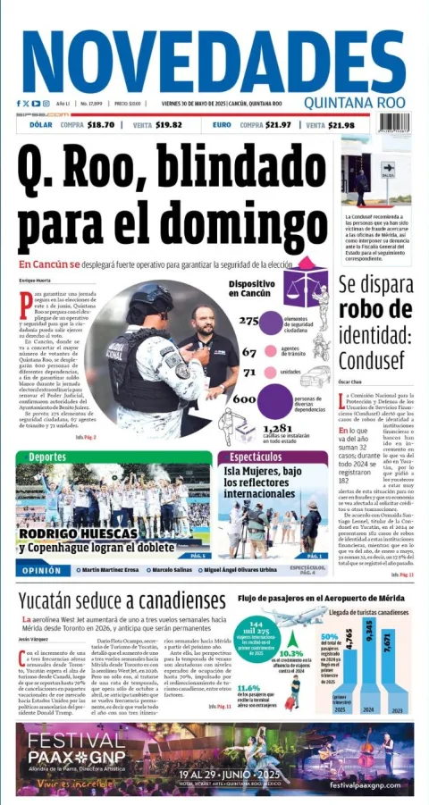 Portada de Novedades Quintana Roo del viernes, 30 de mayo de 2025
