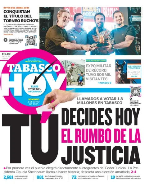 Portada de Tabasco Hoy del domingo, 1 de junio de 2025