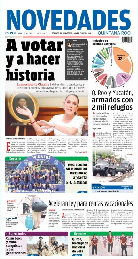 Portada de Novedades Quintana Roo del domingo, 1 de junio de 2025