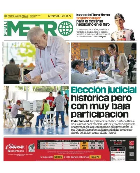 Portada de Publimetro Guadalajara del lunes, 2 de junio de 2025