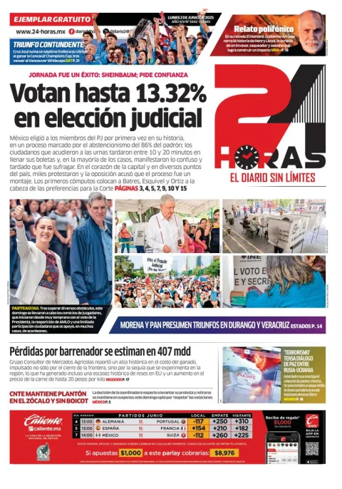 Portada de 24 Horas del lunes, 2 de junio de 2025