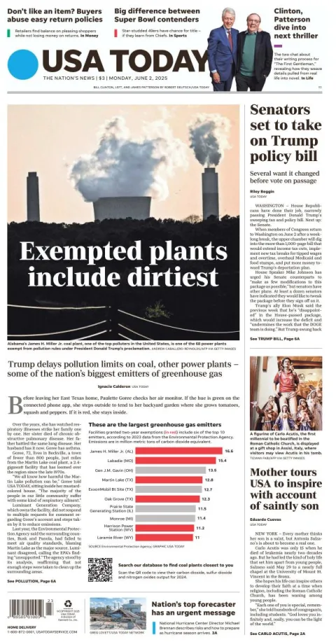 Portada de Usa Today del lunes, 2 de junio de 2025