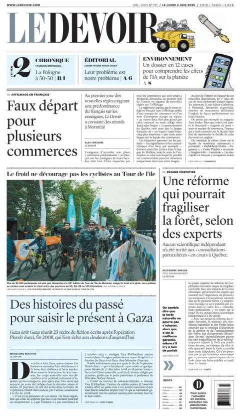 Portada de Le Devoir del lunes, 2 de junio de 2025