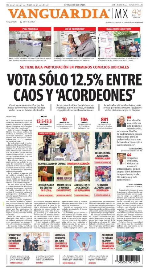 Portada de Vanguardia del lunes, 2 de junio de 2025