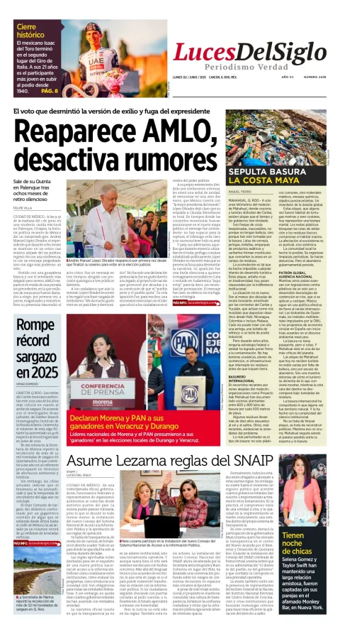 Portada de Luces del Siglo del lunes, 2 de junio de 2025