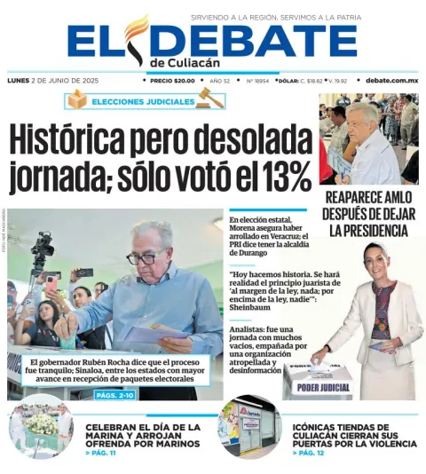 Portada de El Debate de Culiacan del lunes, 2 de junio de 2025