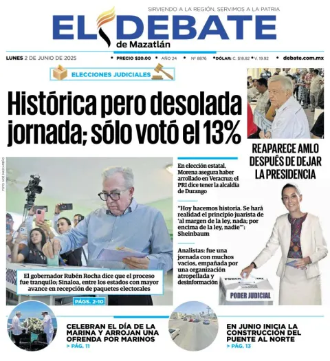 Portada de El Debate de Mazatlan del lunes, 2 de junio de 2025
