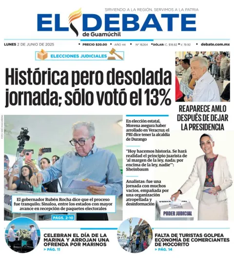 Portada de El Debate de Guamuchil del lunes, 2 de junio de 2025
