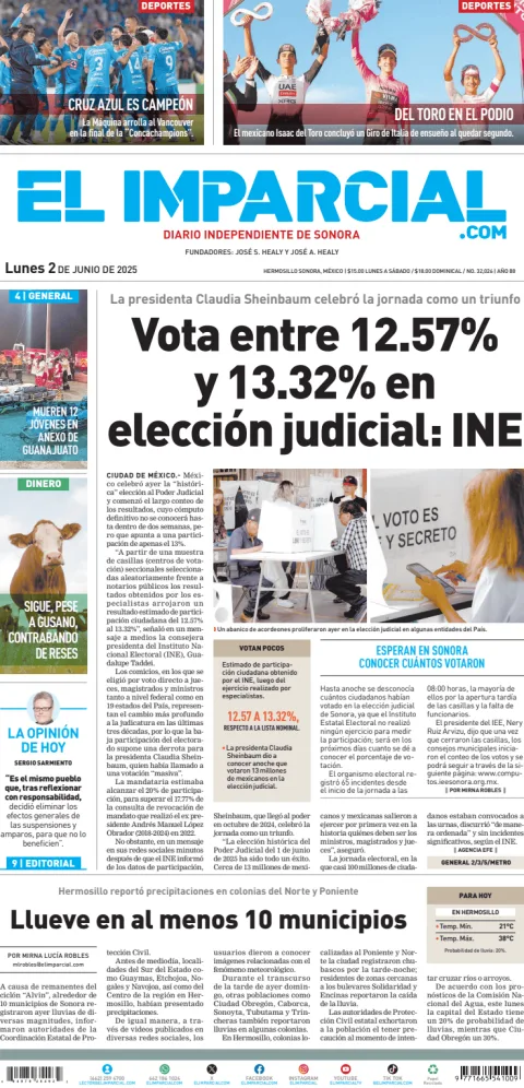Portada de El Imparcial del lunes, 2 de junio de 2025