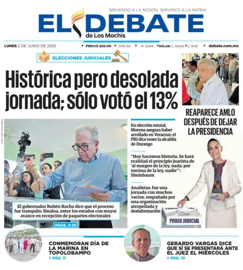 Portada de El Debate de los Mochis del lunes, 2 de junio de 2025