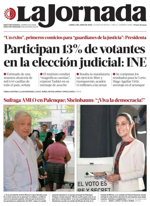 Portada de La Jornada del lunes, 2 de junio de 2025