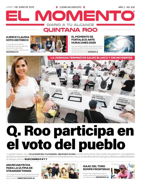 Portada de El Momento Quintana Roo del lunes, 2 de junio de 2025