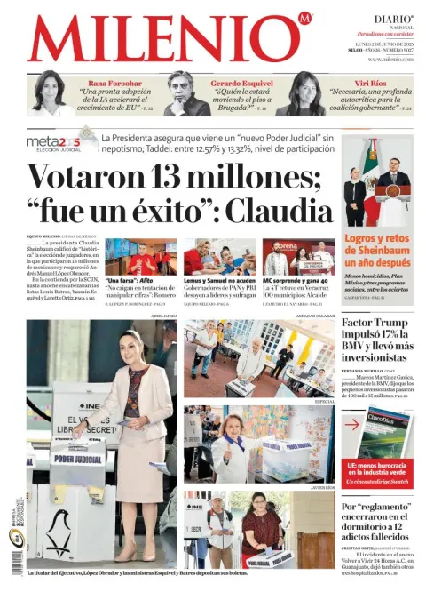 Portada de Milenio del lunes, 2 de junio de 2025
