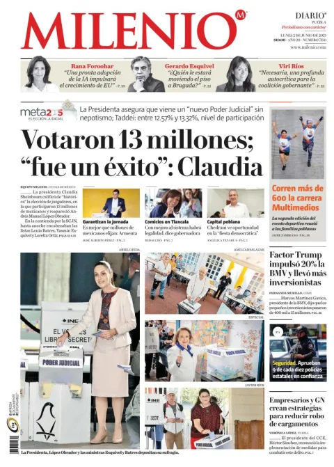 Portada de Milenio Puebla del lunes, 2 de junio de 2025