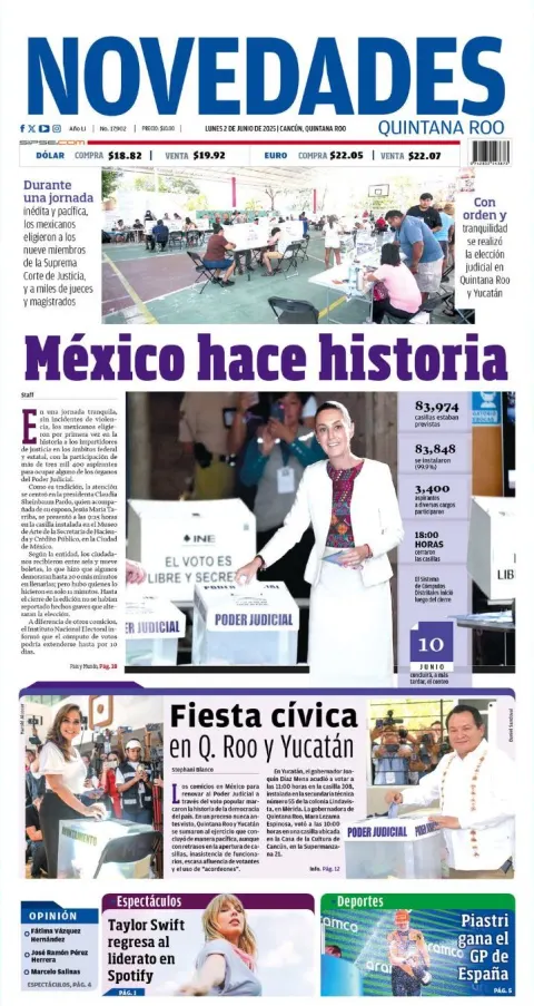 Portada de Novedades Quintana Roo del lunes, 2 de junio de 2025