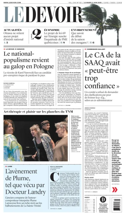 Portada de Le Devoir del martes, 3 de junio de 2025