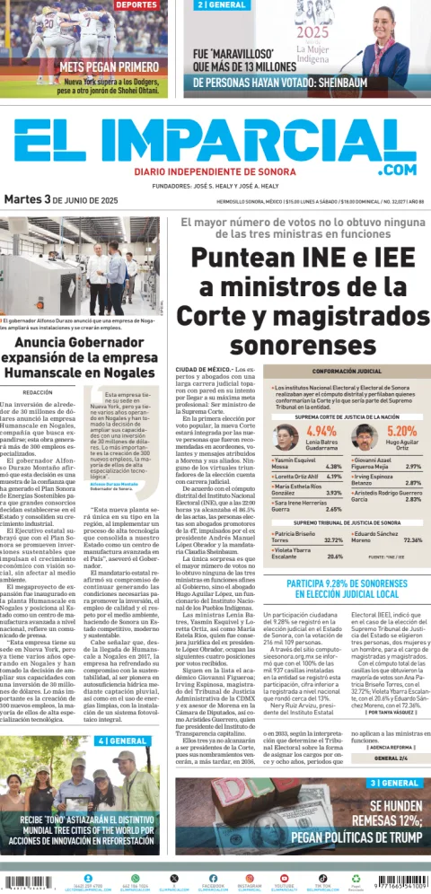 Portada de El Imparcial del martes, 3 de junio de 2025