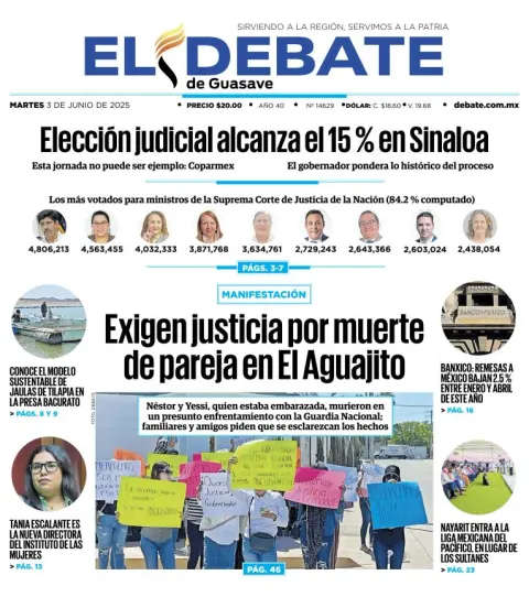 Portada de El Debate de Guasave del martes, 3 de junio de 2025